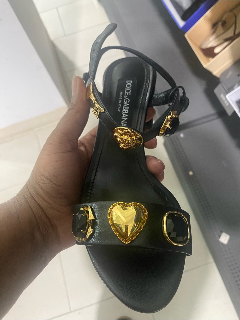 Dolce & Gabbana Black Leather Sandal with Gold Heart and Gem Accents size 38.5